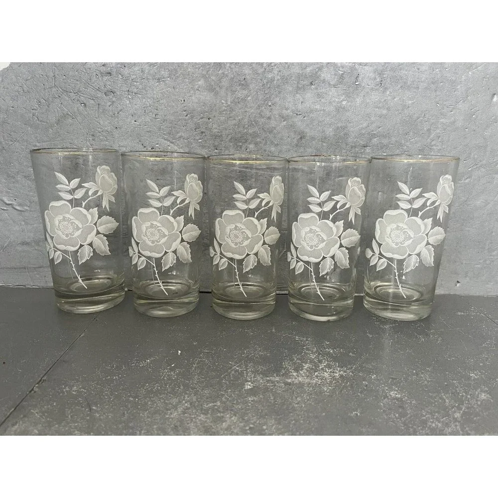 Vintage Wild Rose Floral Juice Glasses Gold Rim Tumblers Set of 5